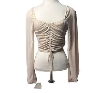 Mezzanine Top Womens M V Neck Drawstring Ruched Lantern Sleeve Crop Blouse